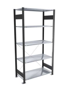 Fachbodenregal Stecksystem, Grundregal, einseitig nutzbar, H2000xB1000xT300 mm, 5 Fachböden, Fachlast 85 kg, schwarz / verzinkt